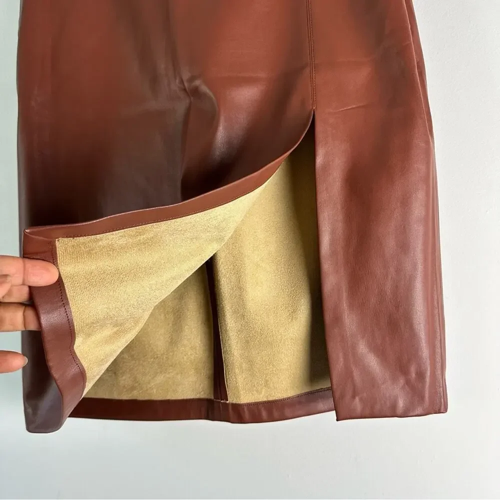New JASON WU Faux Leather Chocolate Brown Midi skirt 2 Piece Set Large Vegan